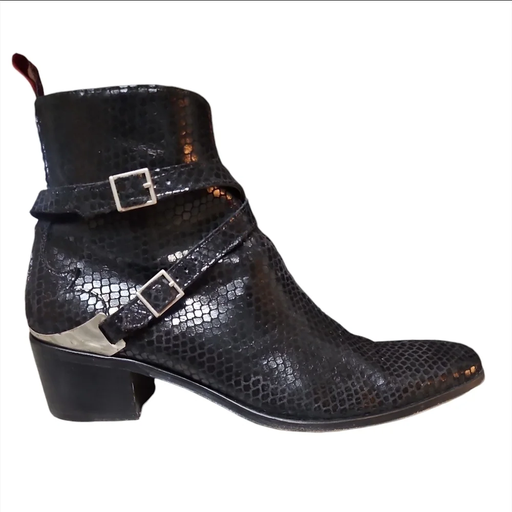 JEFFERY WEST | Muse Black Snakeskin Embossed Buckle Ankle Boots – US 11